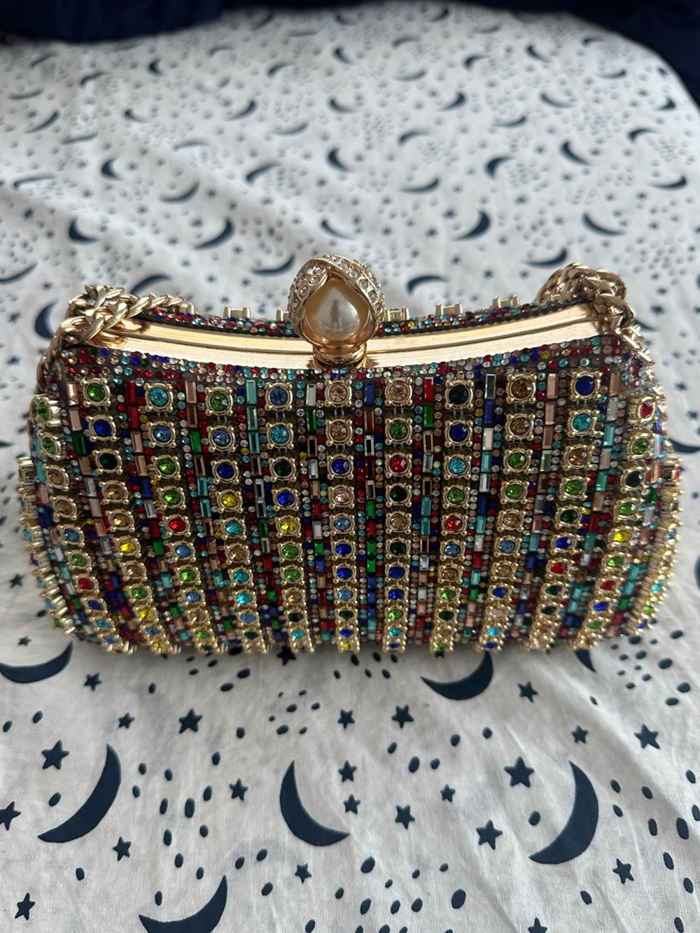 Multicolored Jeweled Evening Clutch with Gold Frame